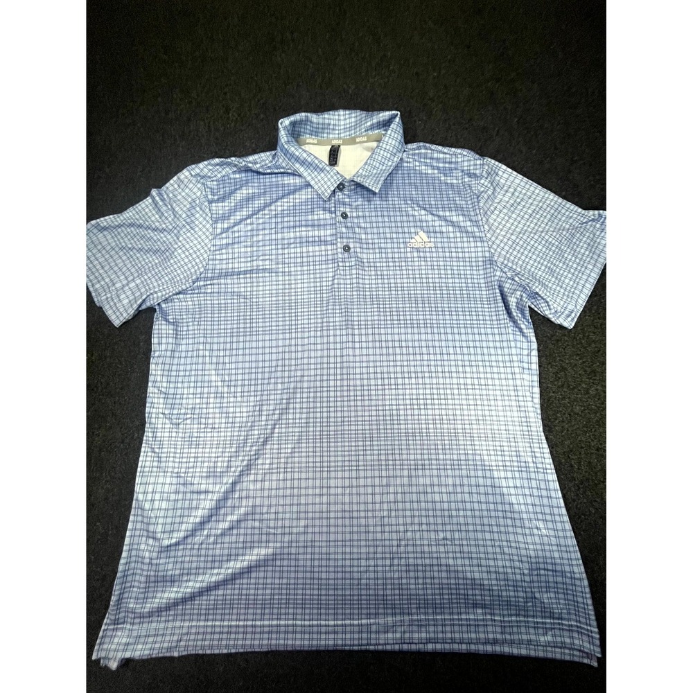 Adidas Golf Polo Shirt Men's XL Blue Plaid Performance Short Sleeve Slit Popover